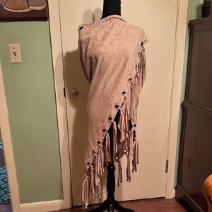 Fringed Tan Shawl with Grommet Details
